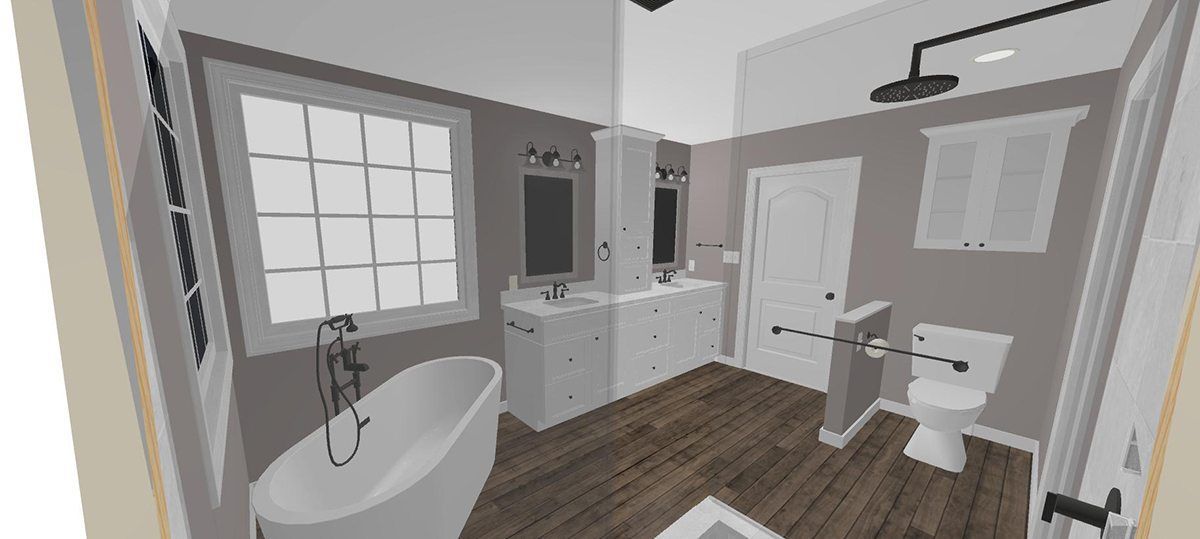 A bathroom with a tub , toilet , sink and shower.