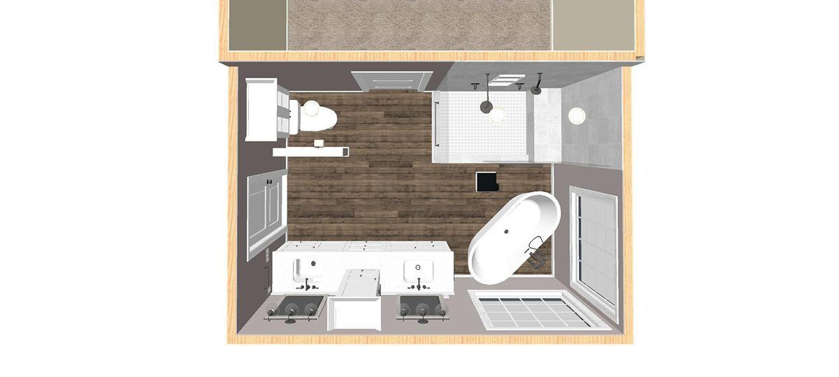 An aerial view of a bathroom with a tub , sink , toilet and shower.