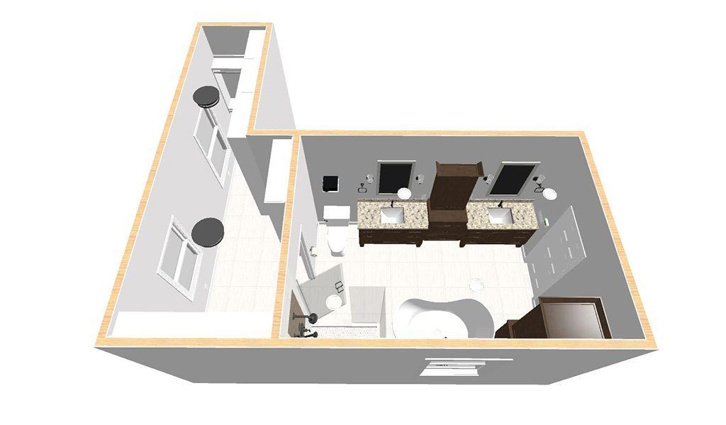 A 3d floor plan of a house with a bedroom , living room , and bathroom.