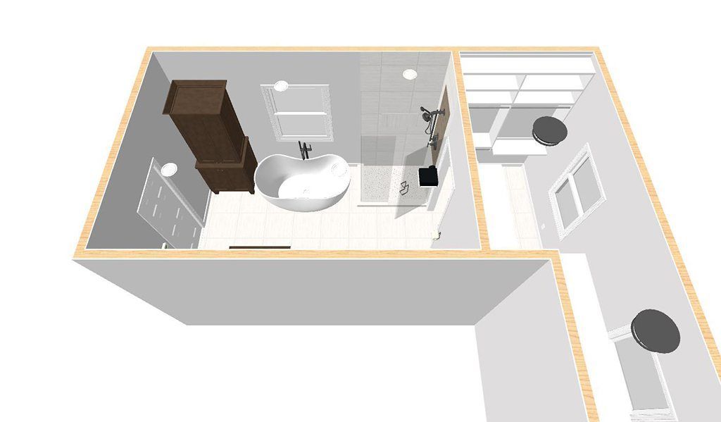 A 3d floor plan of a bathroom with a tub , sink , and window.