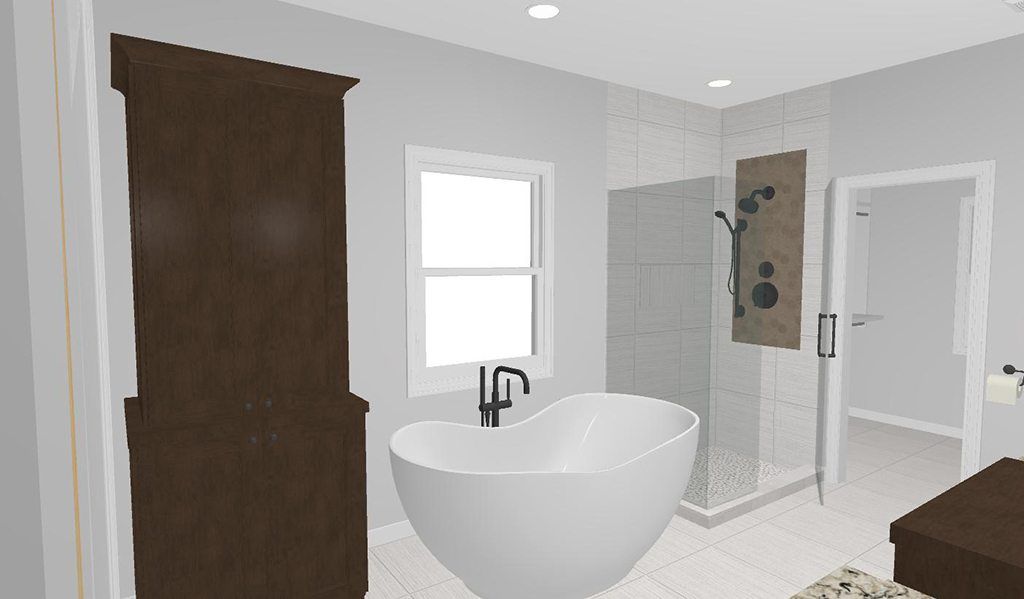 A bathroom with a tub , shower and window.