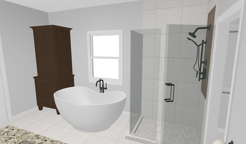 A bathroom with a tub , shower , and cabinet.