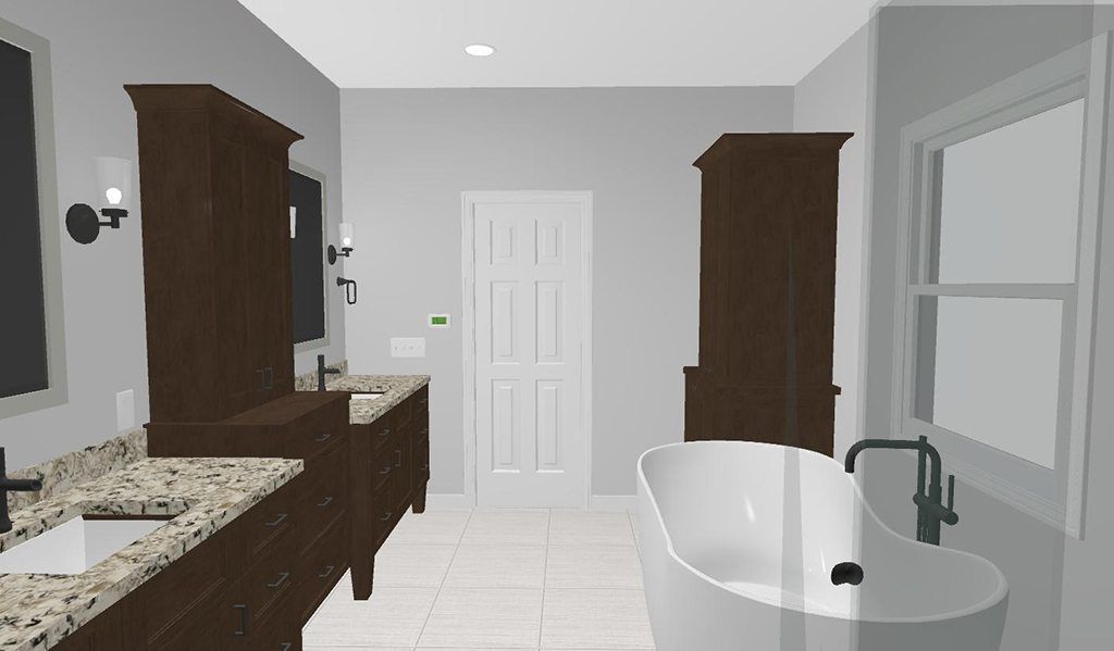 A bathroom with two sinks and a bathtub.