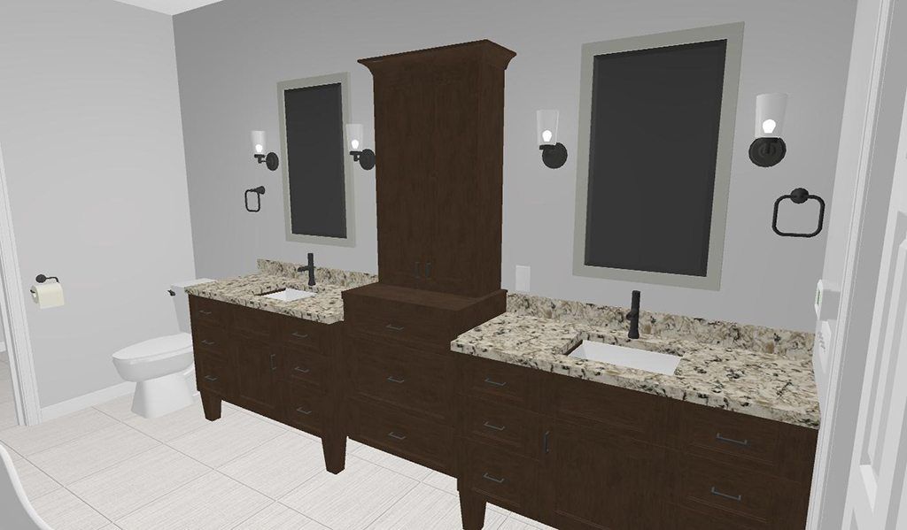 A bathroom with two sinks , a toilet , and two mirrors.