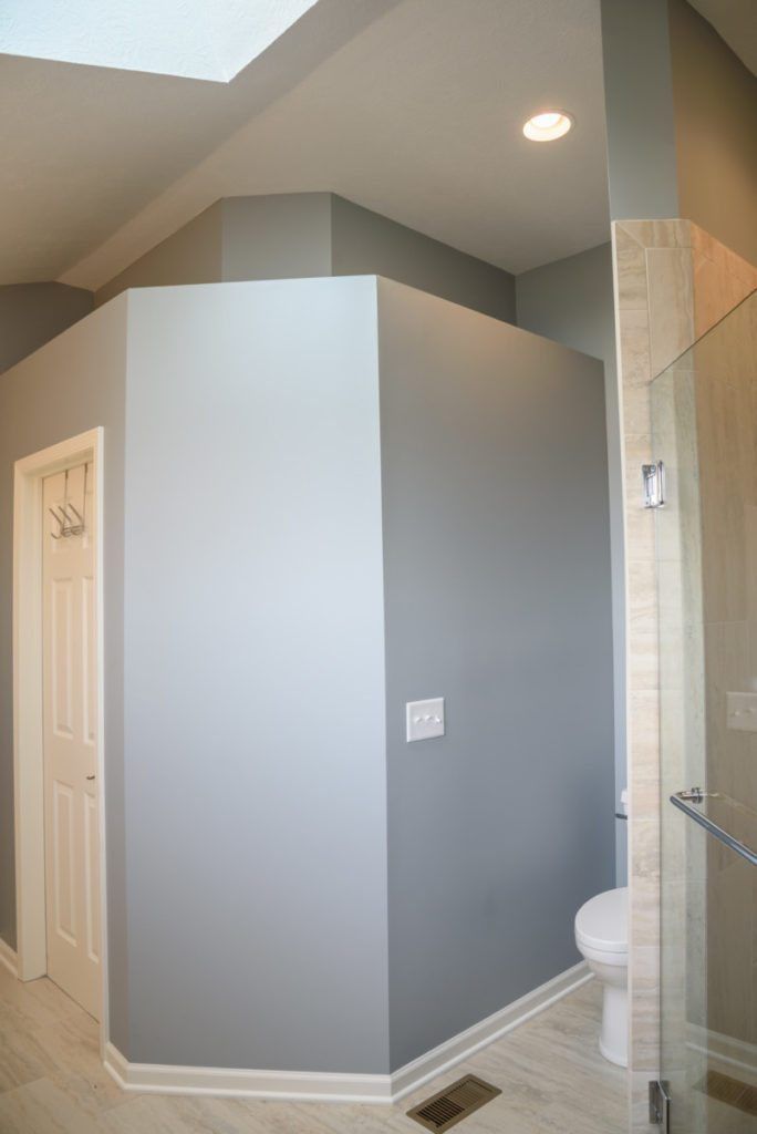 A bathroom with a toilet and a walk in shower.