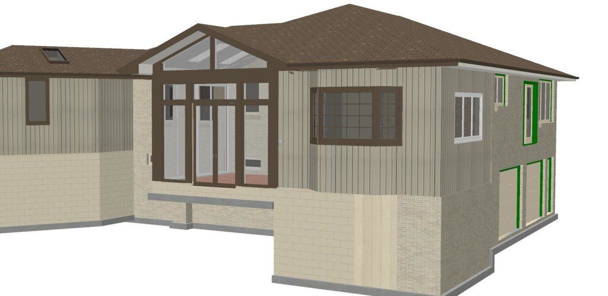 A 3d model of a house with a brown roof