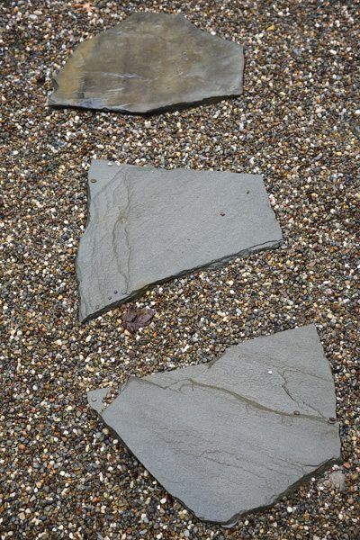 Three pieces of rock are laying on a gravel surface.