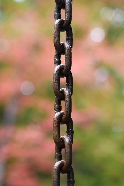 A close up of a rusty chain with a blurry background.