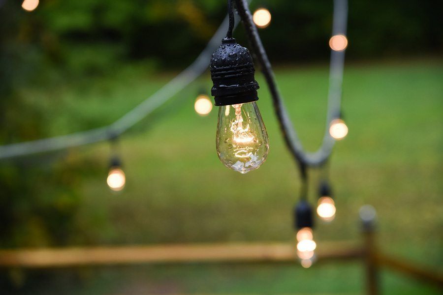 A string of lights hanging from a fence in a yard.