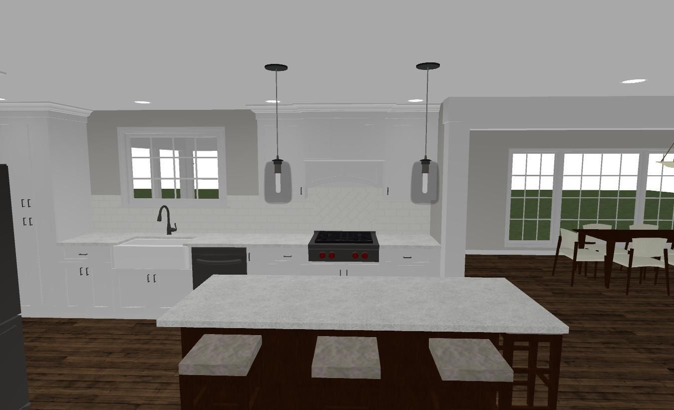A computer generated image of a kitchen and dining room.