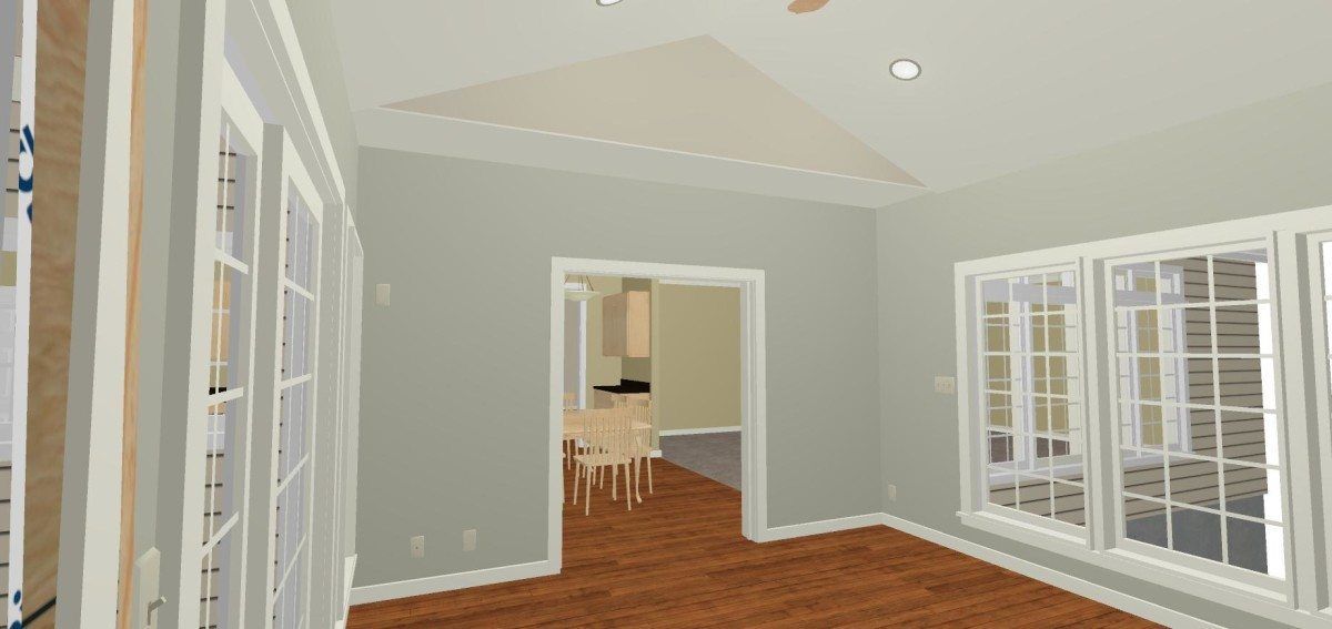 A computer generated image of a living room with hardwood floors and a vaulted ceiling.