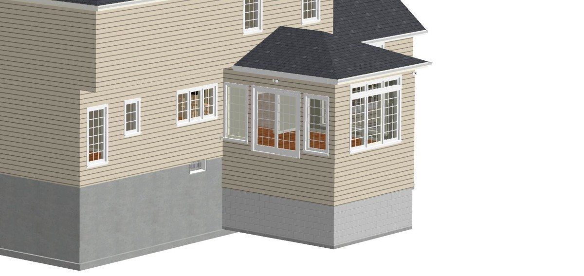 A 3d model of a house with a black roof