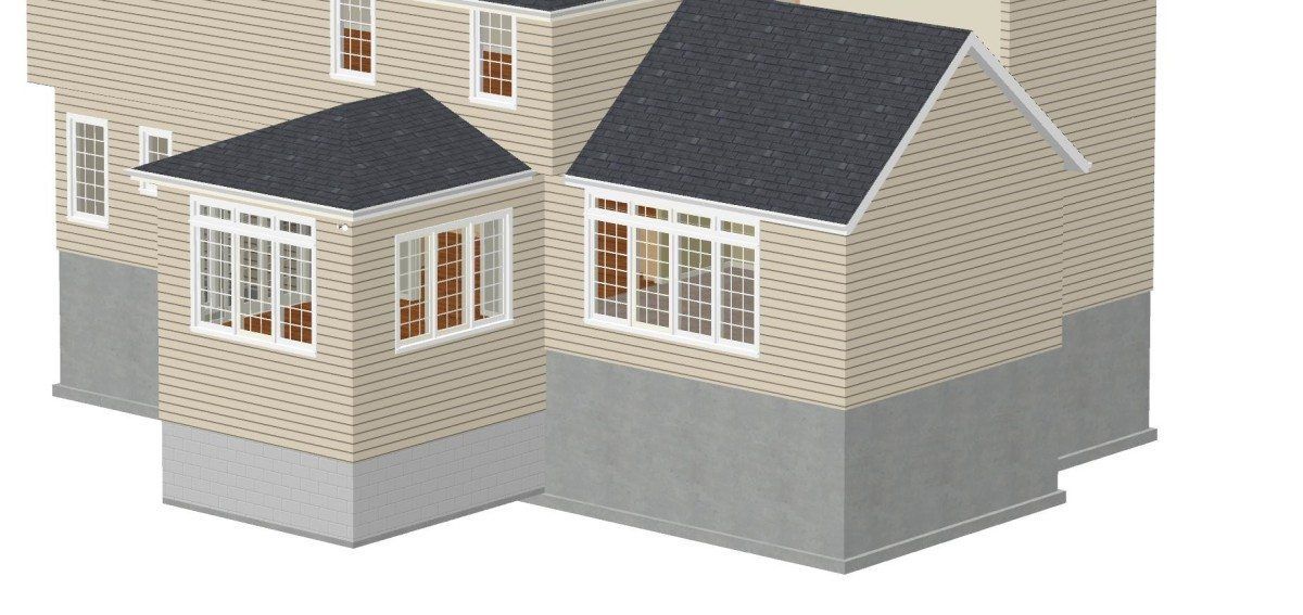 A model of a house with three windows and a black roof.