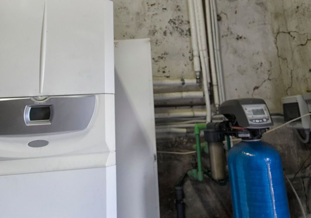 A blue tank is sitting next to a white refrigerator in a room.