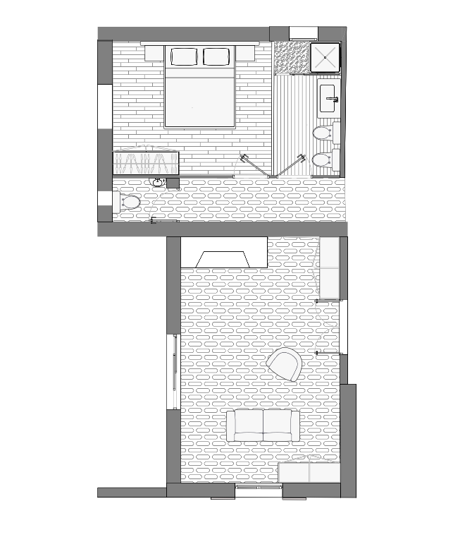 Plan de la partie sud de la maison avant travaux, avec chambre a coucher, toilettes, salle de bain et salon .