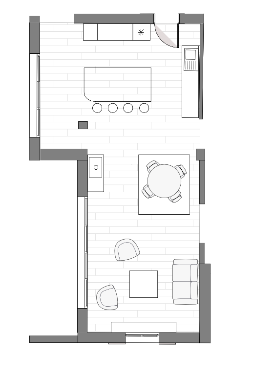 Plan de la maison après travaux avec la création d'un grand espace de vie comprenant cuisine salle a manger et salon, tourné vers le jardin