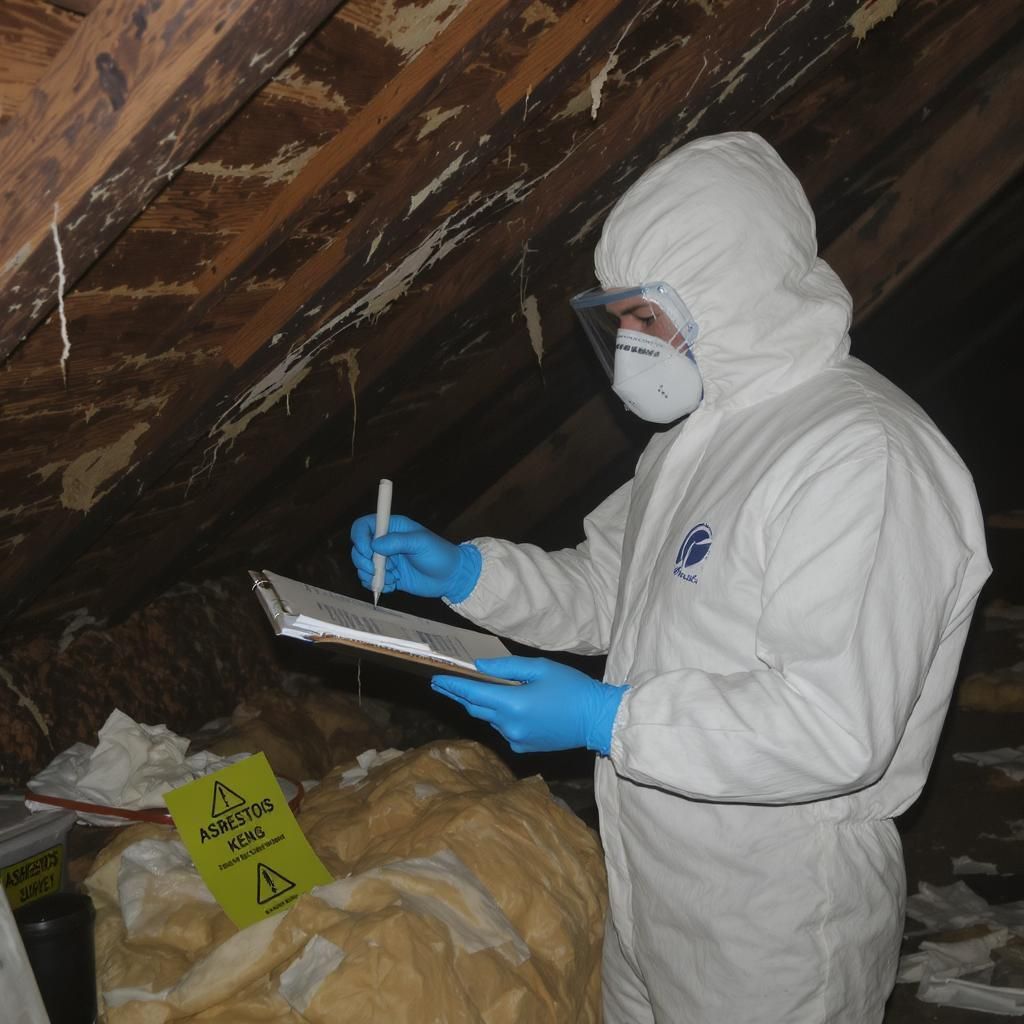 A certified technician in full PPE white coveralls conducting an asbestos survey in an older residential house’s attic