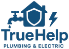 TrueHelp Plumbing & Electric logo with blue house, faucet, shield, and lightning bolt