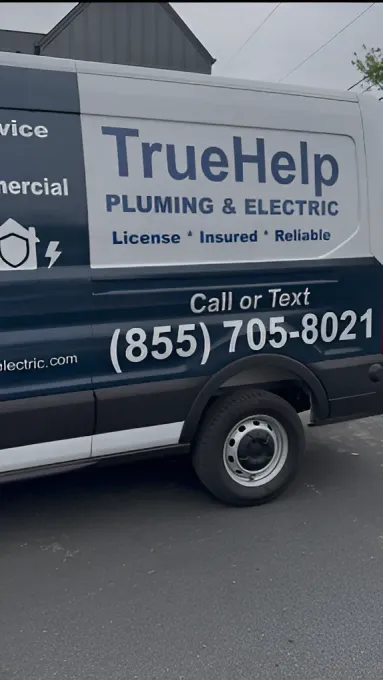 TrueHelp Plumbing & Electric van with company logo and phone number parked on a street.