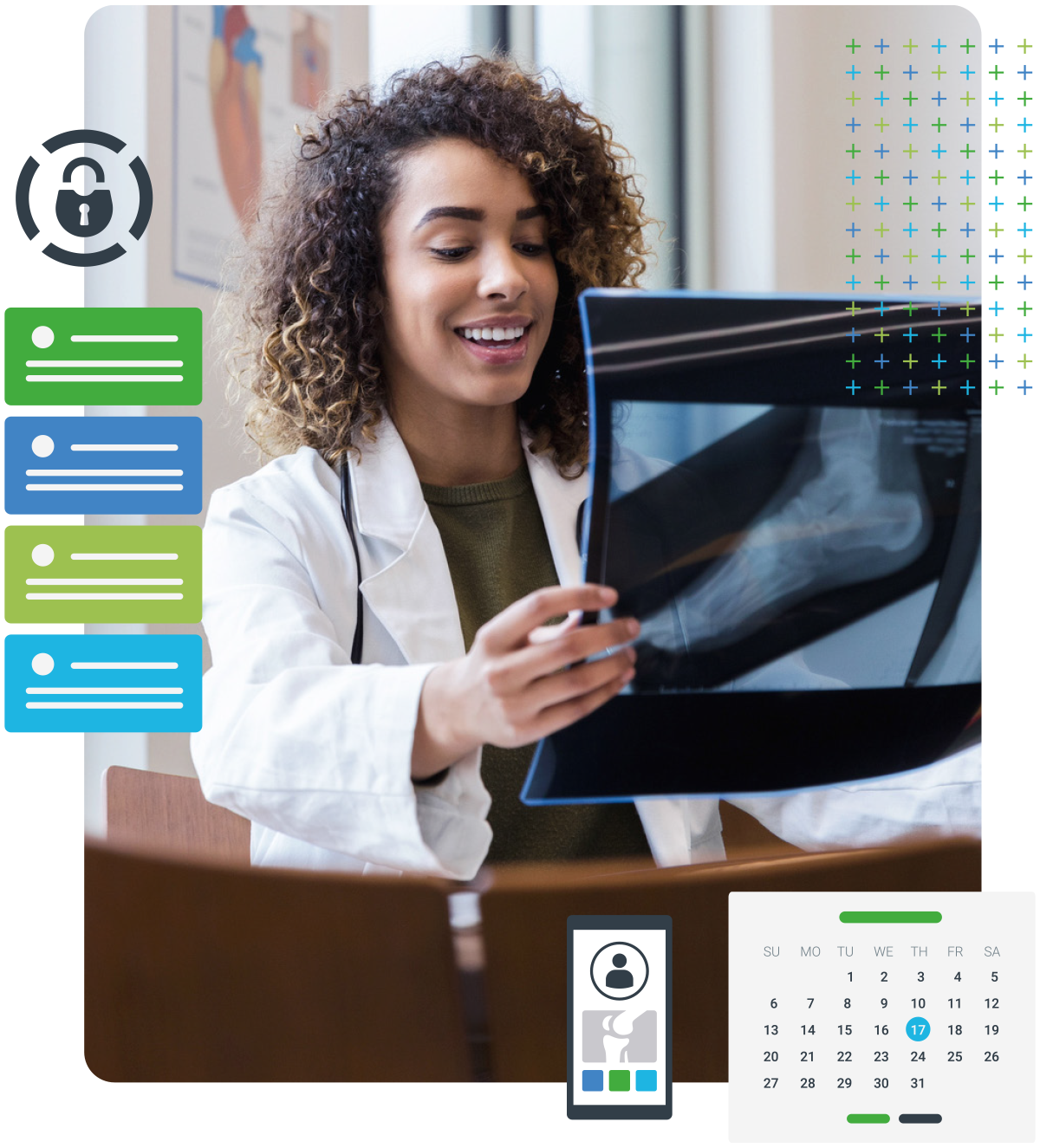a woman in a lab coat is looking at an x-ray plus MSK software infographics