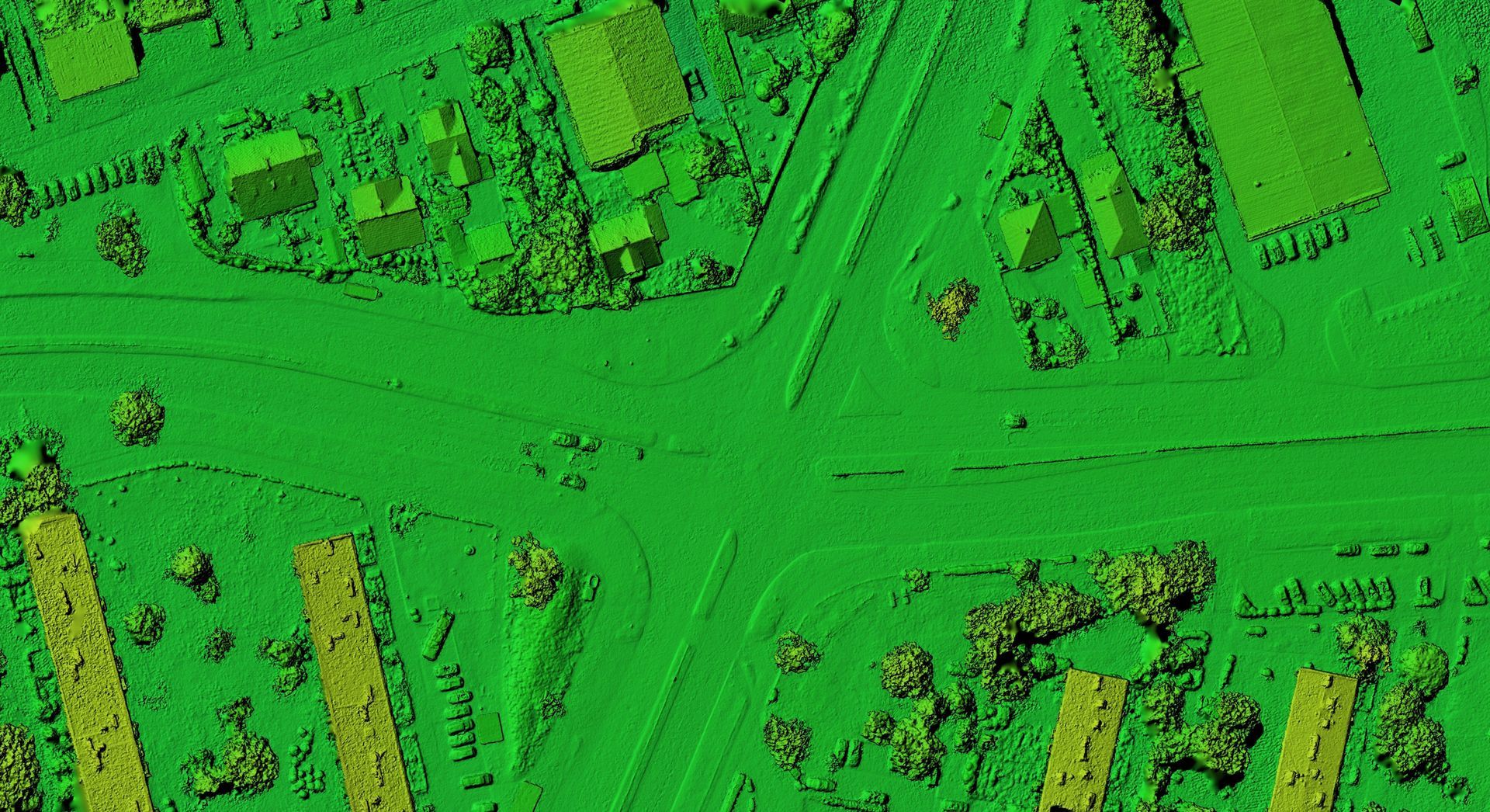 An aerial view of a green and yellow map of a residential area.