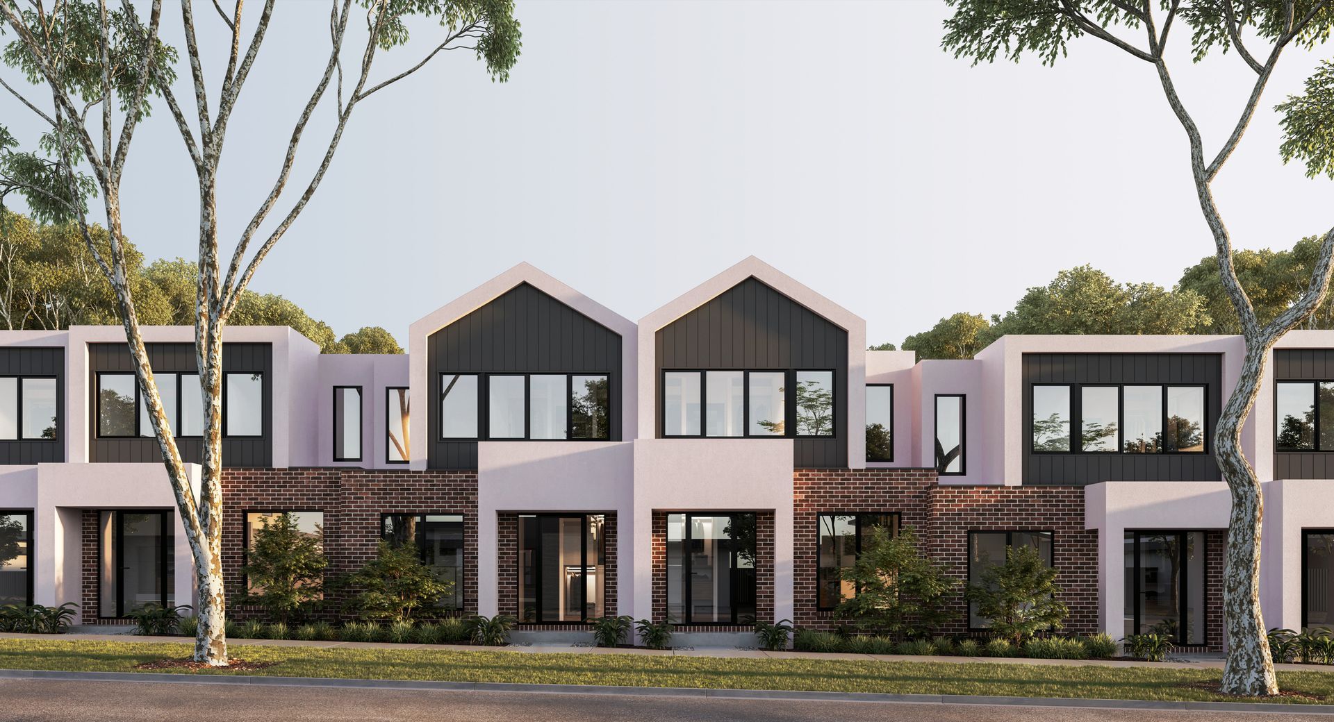 An artist 's impression of a row of houses with trees in front of them.