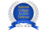 The national college for dui defense logo is blue and silver with a blue ribbon.