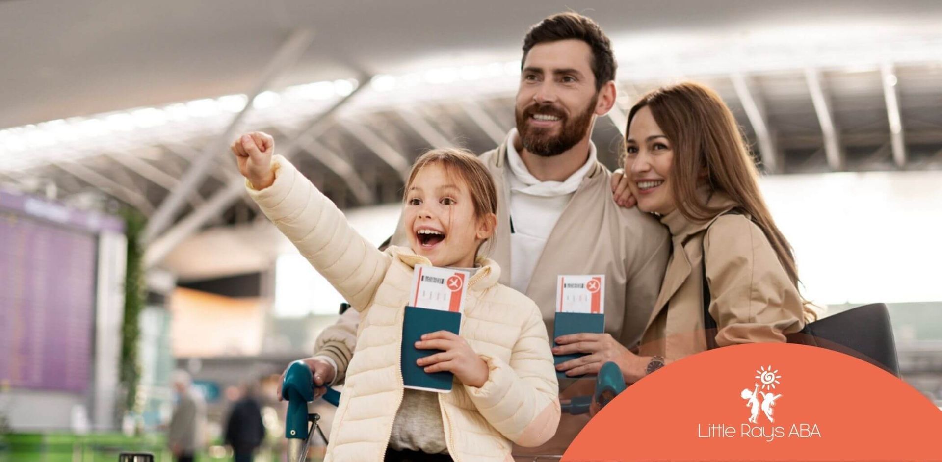 A family with autistic child is standing in an airport holding passports and tickets.