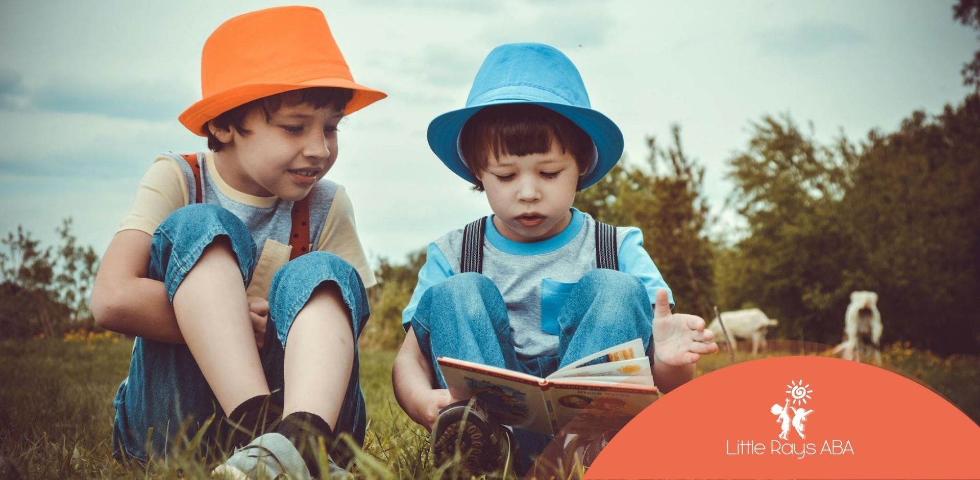 Two 4-year-old boys with autism wearing colorful hats reading a book outdoors on the grass in FL.