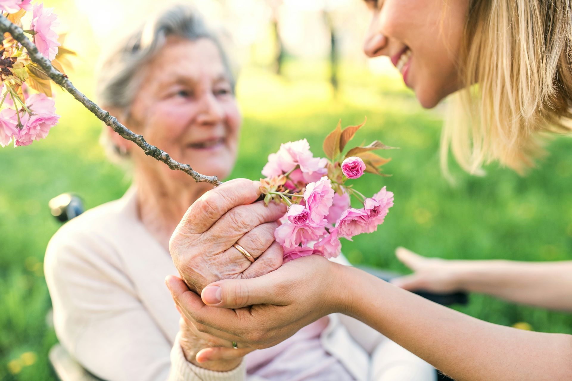A woman is giving a flower to an elderly woman in a wheelchair.