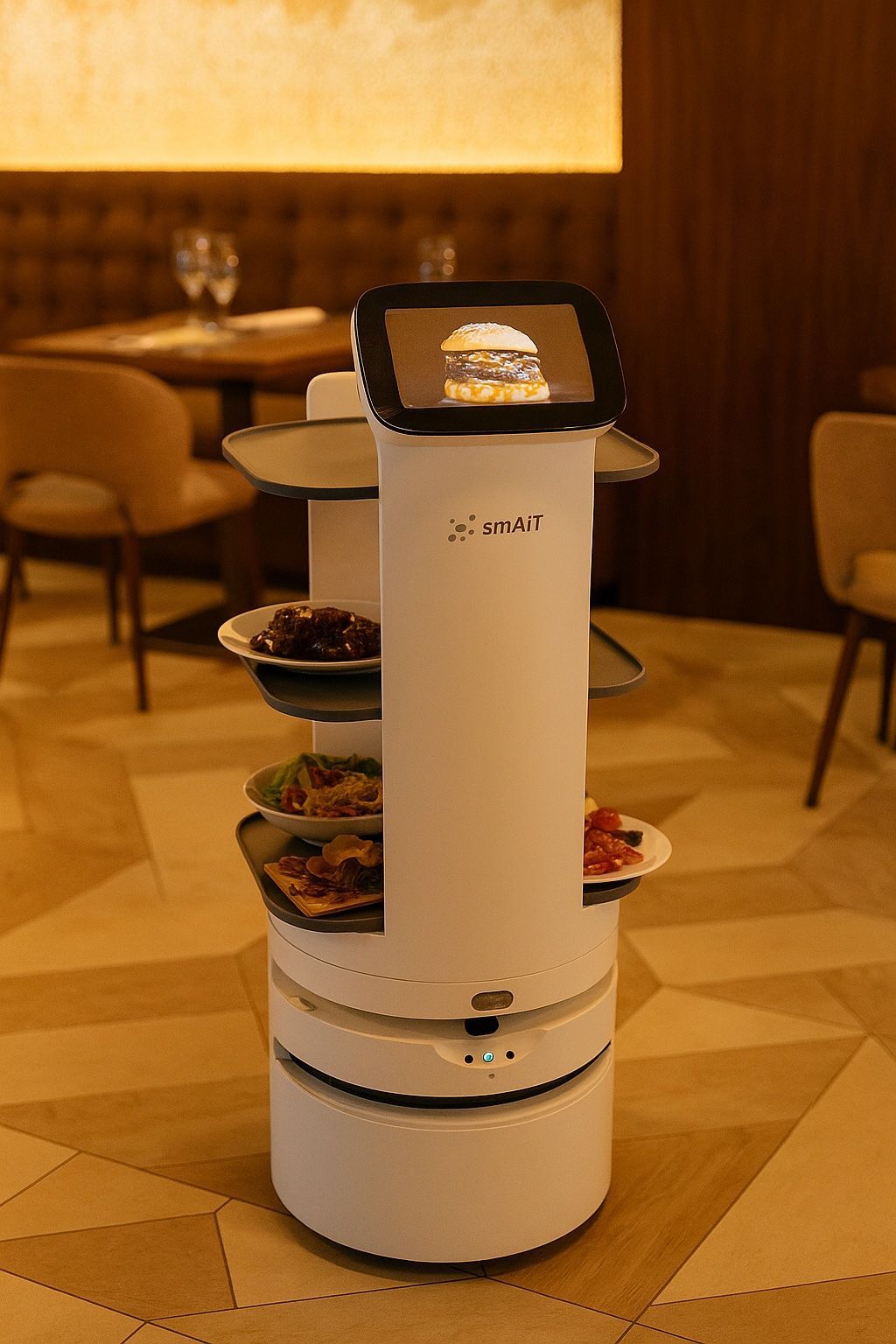 Tibo, a robot is serving food in a restaurant