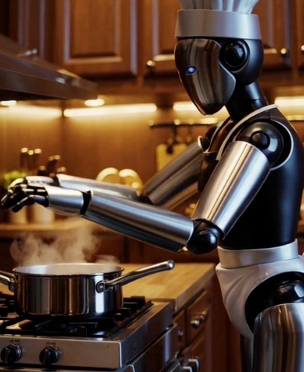 A robot is cooking on a stove in a kitchen