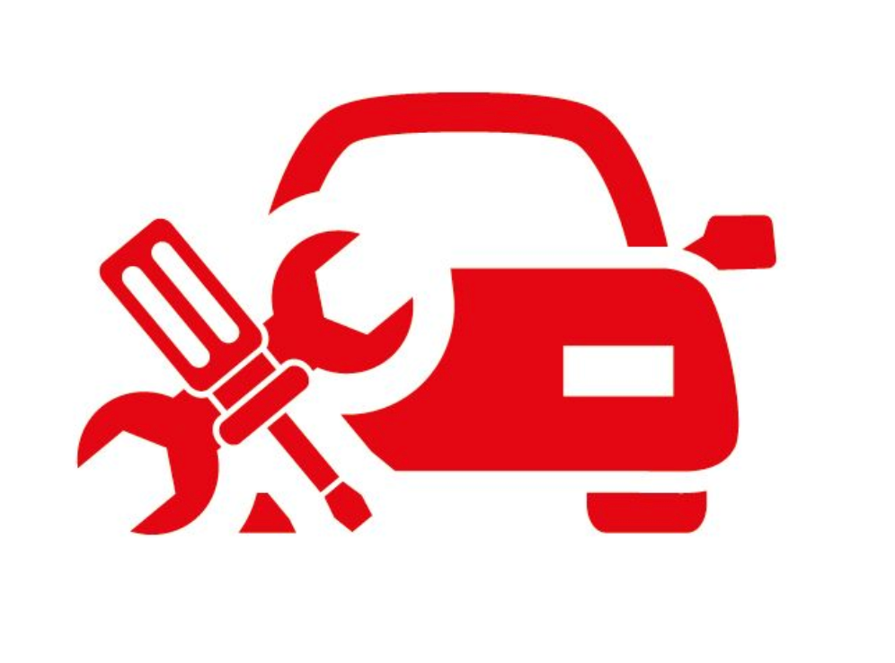 Red car silhouette with wrench and screwdriver, representing car repair.