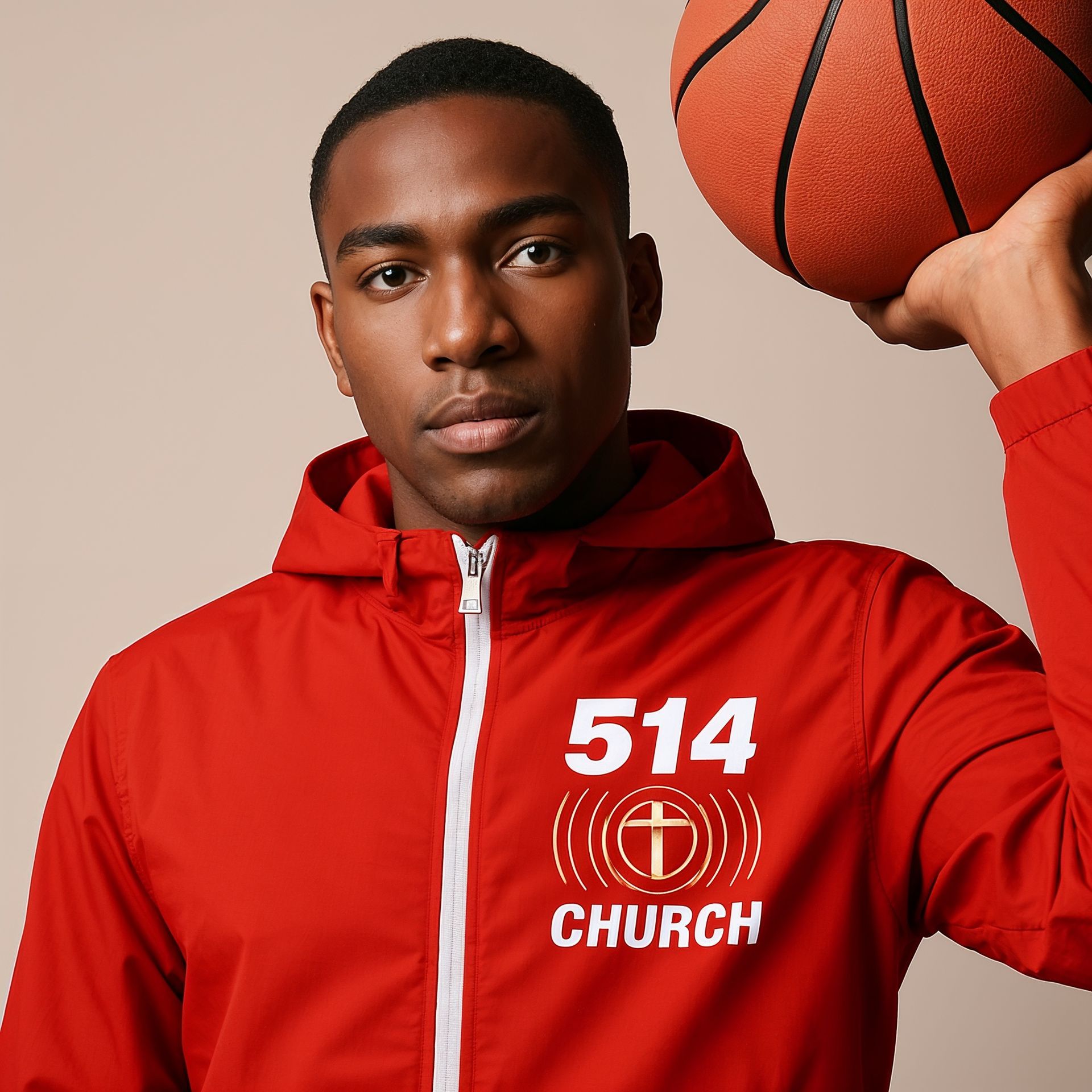 Man in red jacket with 