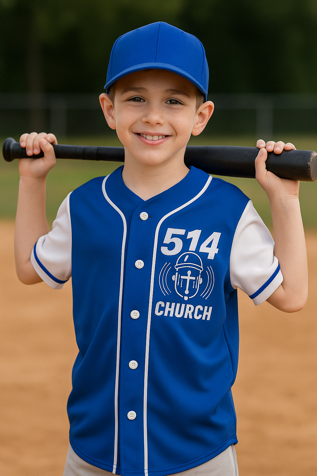 Boy in blue baseball uniform smiles, holding bat behind his neck on a baseball field.