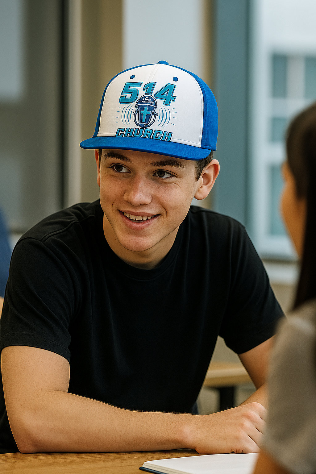 Young Caucasian man  wearing a blue and white baseball cap with a  