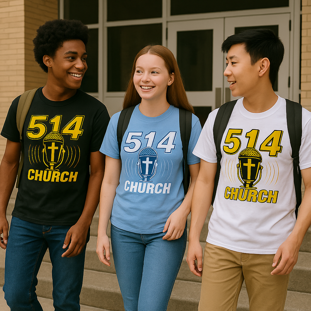 Trio of Teens in front of a school walking and wearing T-Shirts with a 514 Church logo imprinted on the front.