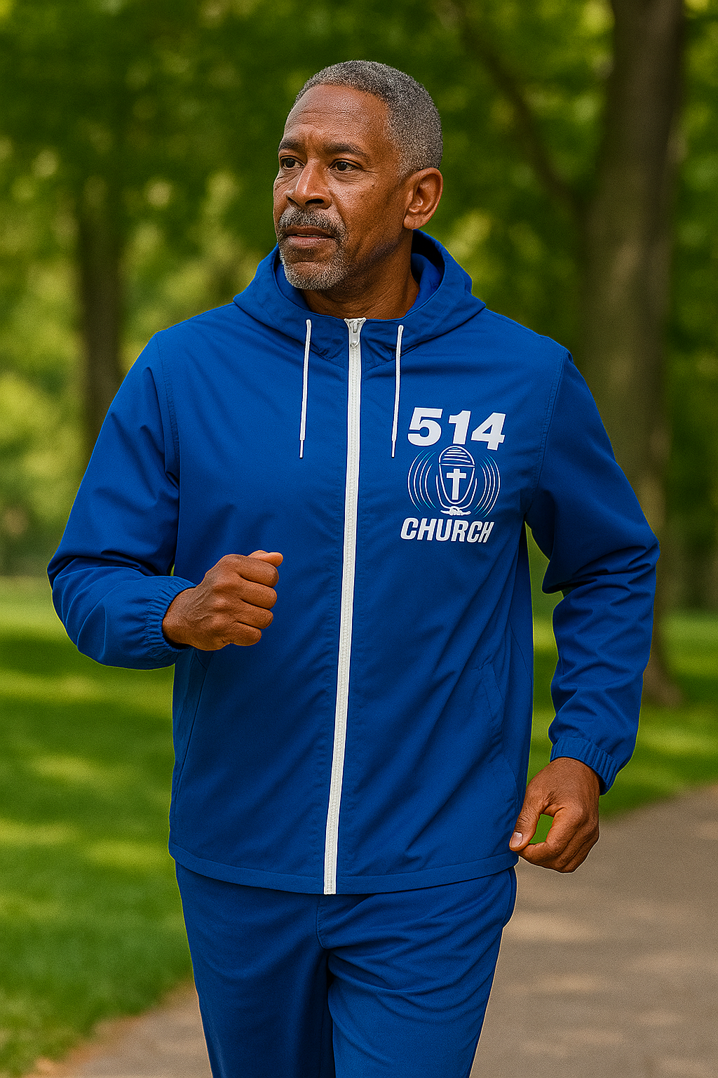Man in blue jacket jogging on a path in a park. Jacket has 