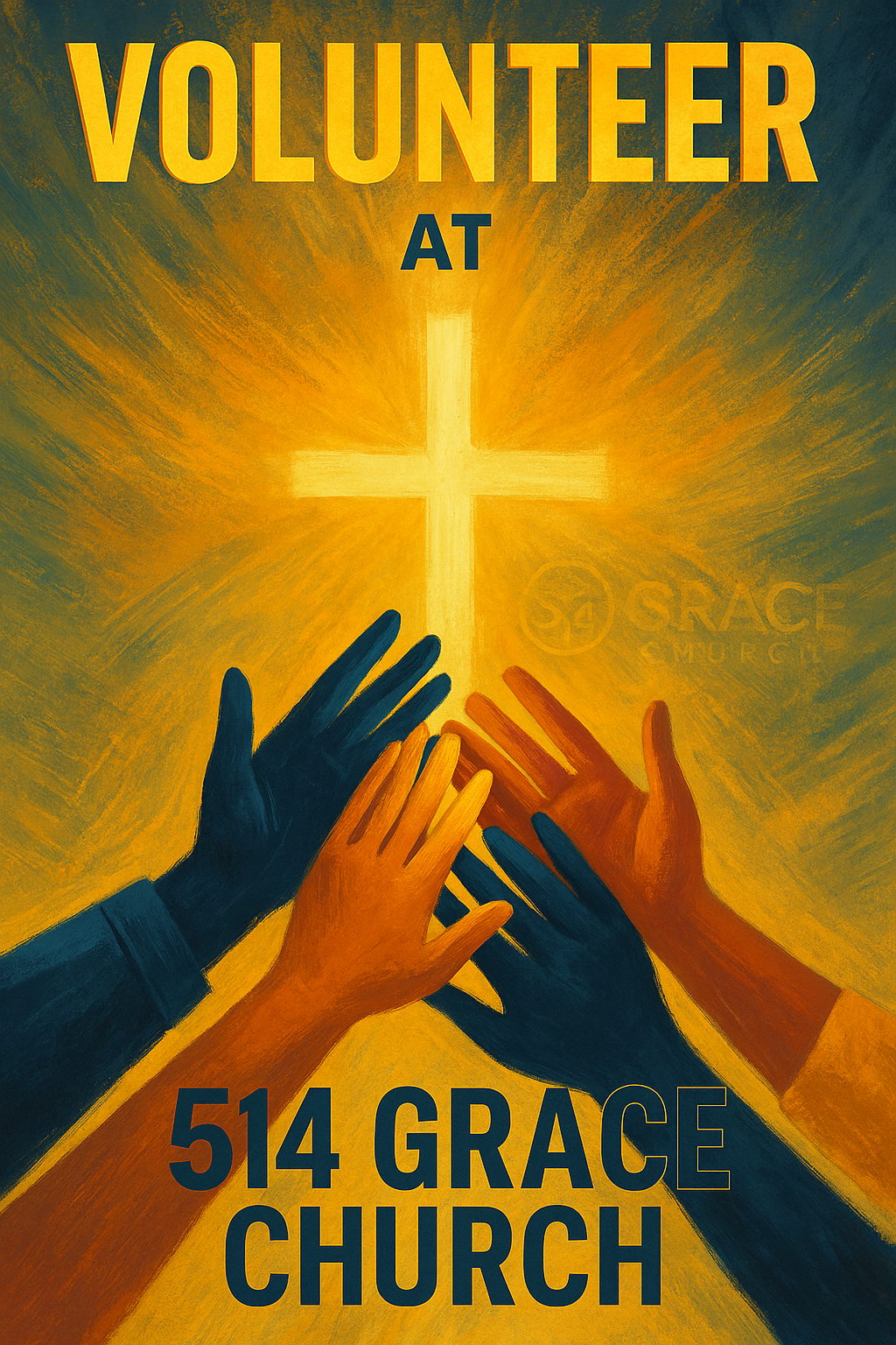 Hands reaching toward a cross with the text 