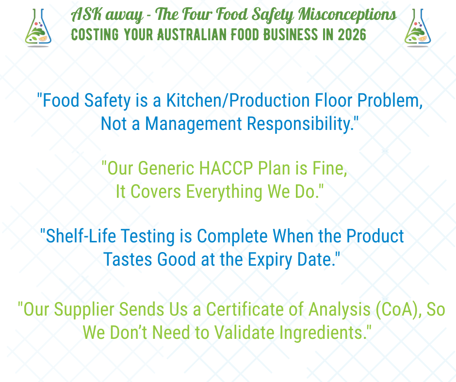 Four food safety misconceptions costing Australian food businesses in 2026, listed as quotes.