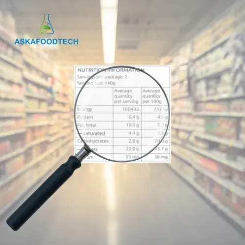 A magnifying glass is looking at a nutrition label in a store.