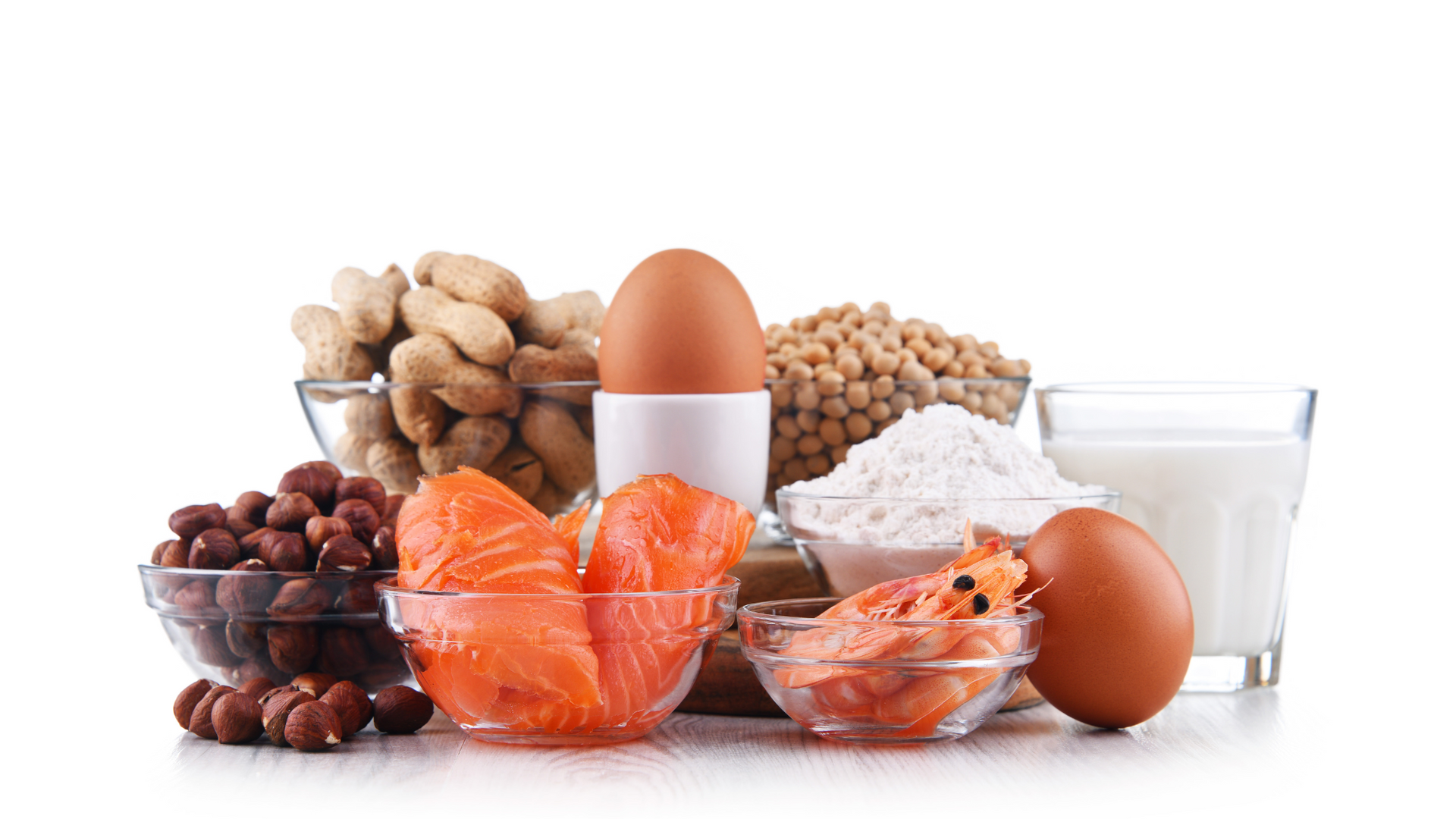 Assorted protein including eggs on the table to explain mandatory food allergens.