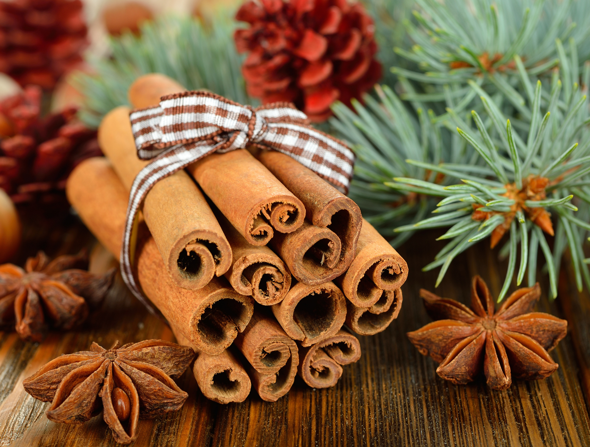 Cinnamon sticks tied with ribbon, surrounded by star anise, pine needles, and pine cones.
