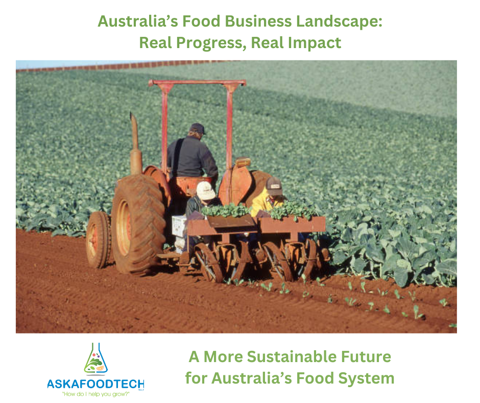 Farmer driving tractor in green crop field with “Australia’s Food Business Landscape” sustainability text and logo