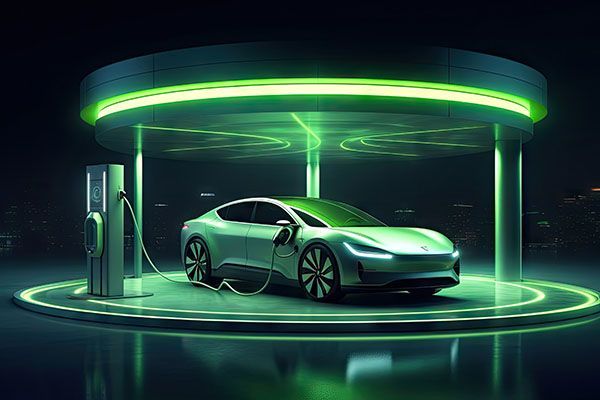 Neon-green electric car on a futuristic charging platform with glowing circular lights | Jeff's Automotive, Inc