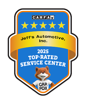 CARFAX shield badge for Jeff's Automotive, Inc., 2025 Top-Rated Service Center, with Car Fox mascot | Jeff's Automotive, Inc