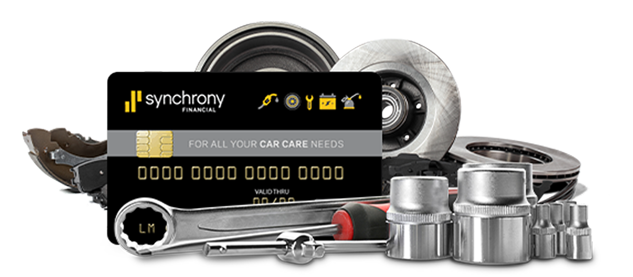 Synchrony branded credit card with car parts and tools, suggesting auto financing or repair payments | Jeff's Automotive, Inc