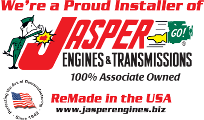 Jasper Engines & Transmissions installer ad with logo, red text, and “Made in the USA” tagline | Jeff's Automotive, Inc