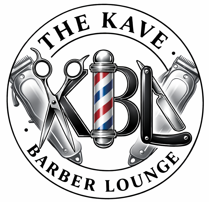 Logo for The Kave Barber Lounge: barbershop tools (scissors, clippers, straight razor) with text and barber pole.