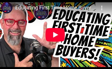 Man with red glasses and a microphone, educating first-time home buyers with bold, colorful text background.